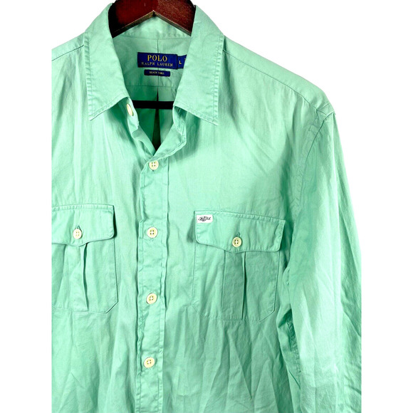 Ralph Lauren Beach Twill Shirt Large Button Down Mens Long Sleeve Mint Green - Picture 2 of 6